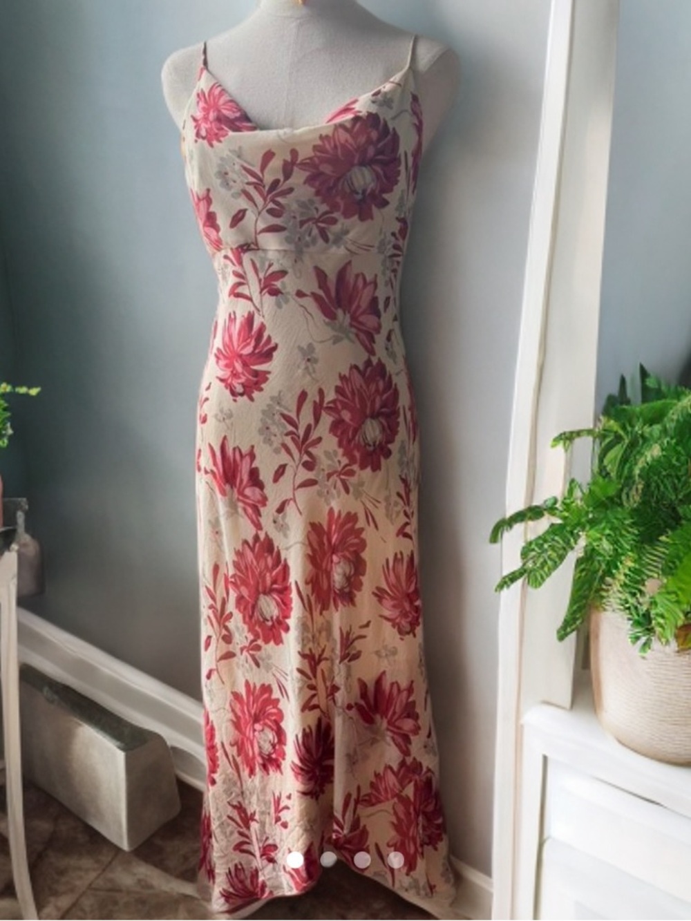 Ann Taylor Cream Slip Maxi Dress with Red Floral Print